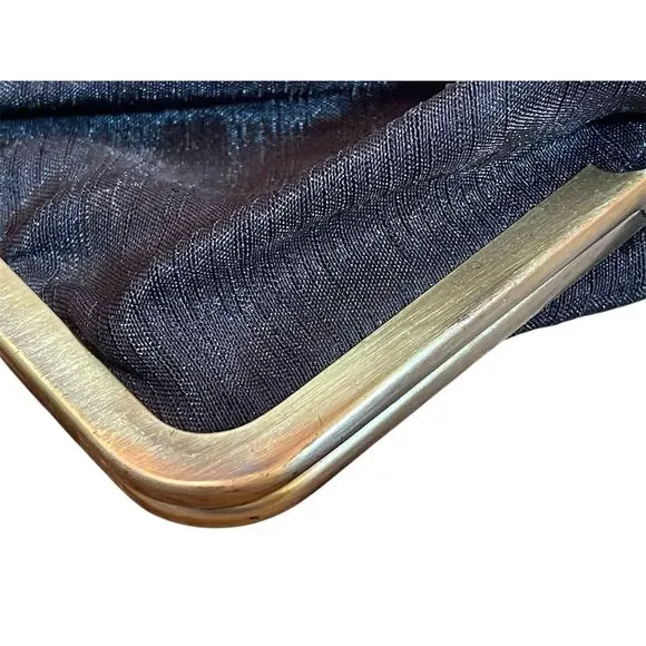 Vintage Black Clutch Gold Frame Kiss Clasp Women's Formal Bag Satin Finish - Picture 10 of 16